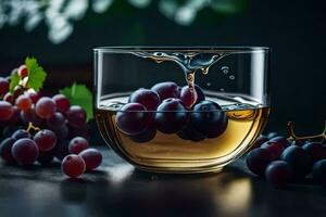 un vaso de vino con uvas en él. generado por ai foto