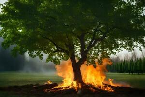 a tree with flames coming out of it in the middle of a field. AI-Generated photo