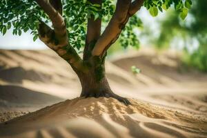 a tree is growing out of the sand in the desert. AI-Generated photo