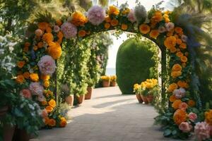 un arco con flores y plantas en frente de él. generado por ai foto