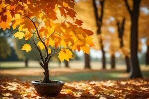 a small tree in a pot on the ground surrounded by autumn leaves. AI-Generated photo
