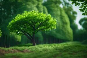 a tree is standing in the middle of a green field. AI-Generated photo