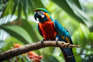 a colorful parrot sits on a branch. AI-Generated photo