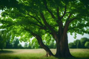 a tree in a field with grass and trees. AI-Generated photo