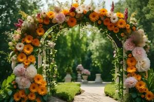 an archway with flowers and greenery. AI-Generated photo