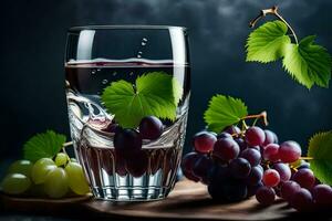 un vaso de agua con uvas y hojas. generado por ai foto