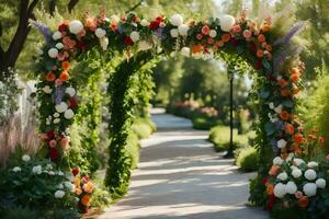 an archway with flowers and greenery. AI-Generated photo