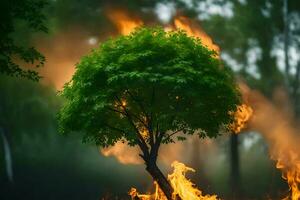 a tree is burning in the middle of a forest. AI-Generated photo