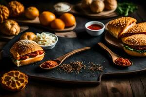 a wooden cutting board with sandwiches and other food. AI-Generated photo