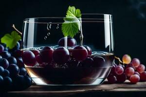 un vaso de vino con uvas y hojas. generado por ai foto