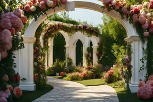 a walkway with flowers and archway. AI-Generated photo