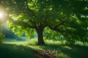 the sun shines through a tree in a green field. AI-Generated photo