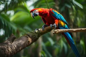 a colorful parrot sits on a branch in the jungle. AI-Generated photo