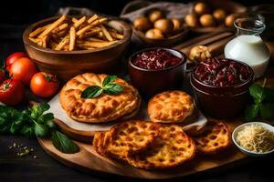 a variety of food on a wooden board. AI-Generated photo