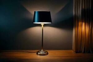a lamp on a wooden floor in front of a curtain. AI-Generated photo