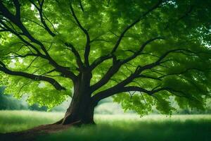 un grande árbol es en pie en el medio de un campo. generado por ai foto