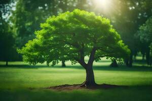 un árbol es mostrado en el medio de un verde campo. generado por ai foto