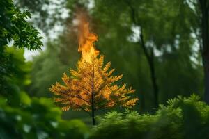 a tree with flames coming out of it in the middle of a forest. AI-Generated photo