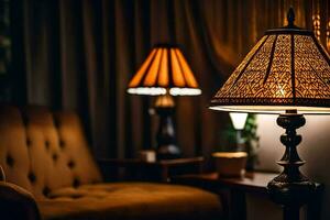 a lamp is sitting on a table next to a couch. AI-Generated photo