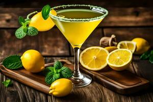 lemon martini with mint leaves and lemons on a wooden table. AI-Generated photo