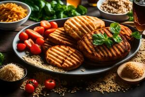 grilled chicken patties on a plate with vegetables and other ingredients. AI-Generated photo