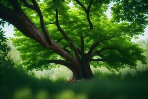 a large tree in the middle of a green forest. AI-Generated photo