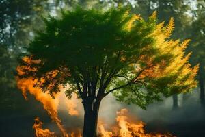 a tree is burning in the middle of a forest. AI-Generated photo