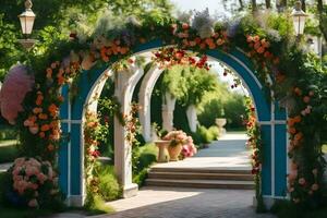 a blue archway with flowers and greenery. AI-Generated photo