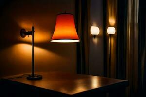 a lamp is on a table in a dark room. AI-Generated photo