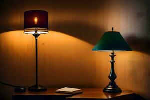 two lamps sit on a table in front of a book. AI-Generated photo