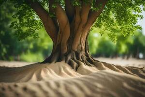 un árbol con raíces creciente fuera de el arena. generado por ai foto