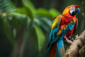 un vistoso loro se sienta en un rama en el selva. generado por ai foto