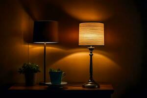 two lamps on a table in a dark room. AI-Generated photo