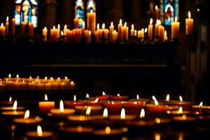 many candles are lit in a church. AI-Generated photo