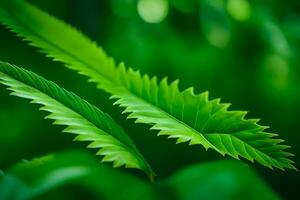 a close up of two green leaves. AI-Generated photo
