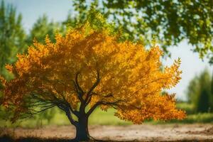 un soltero árbol en el medio de un campo. generado por ai foto