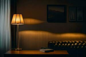 un lámpara es en un mesa en un oscuro habitación. generado por ai foto