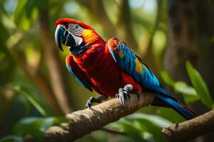 a colorful parrot sits on a branch. AI-Generated photo