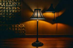 un lámpara en un de madera piso en un oscuro habitación. generado por ai foto