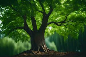 a tree with green leaves and a green background. AI-Generated photo