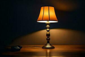 a lamp on a table in the dark. AI-Generated photo