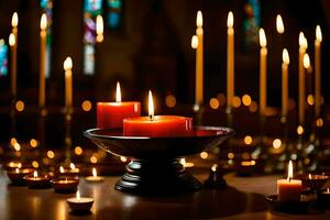 velas son iluminado en un Iglesia con velas generado por ai foto