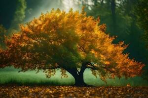 a tree in the middle of an autumn field. AI-Generated photo