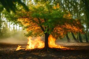 a tree is burning in the middle of a forest. AI-Generated photo