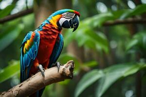 a colorful parrot sits on a branch in the forest. AI-Generated photo