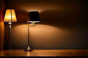 two lamps on a table in front of a wall. AI-Generated photo