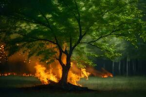 a tree is burning in the middle of a field. AI-Generated photo