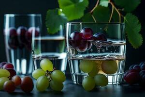 uvas y agua en lentes en un oscuro mesa. generado por ai foto