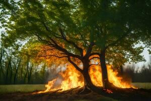 a tree is burning in the middle of a field. AI-Generated photo