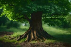 un árbol con raíces en el medio de un campo. generado por ai foto